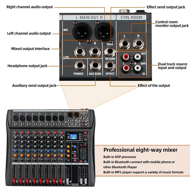 Mixer de Áudio Profissional Depusheng DX8 - 8 Canais, USB